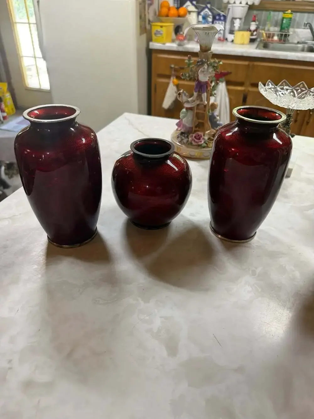 Vintage Japanese Cloisonné Pigeon Blood Red Vases 3 Piece Set Floral and Bird Mo